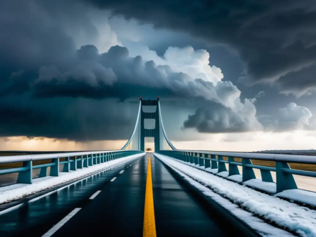 Puente moderno resistente a condiciones climáticas extremas, con nubes de tormenta y elementos futuristas integrados en la ciudad inteligente