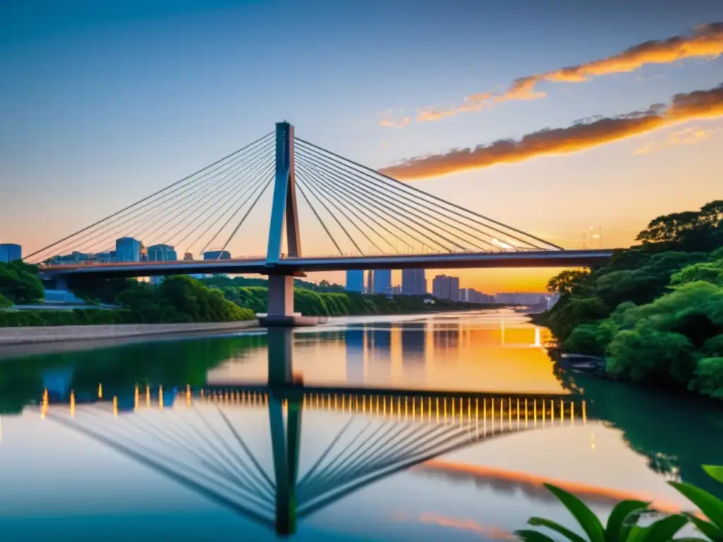 Un puente moderno y resistente a condiciones climáticas se eleva sobre un río al atardecer, rodeado de naturaleza y edificios urbanos