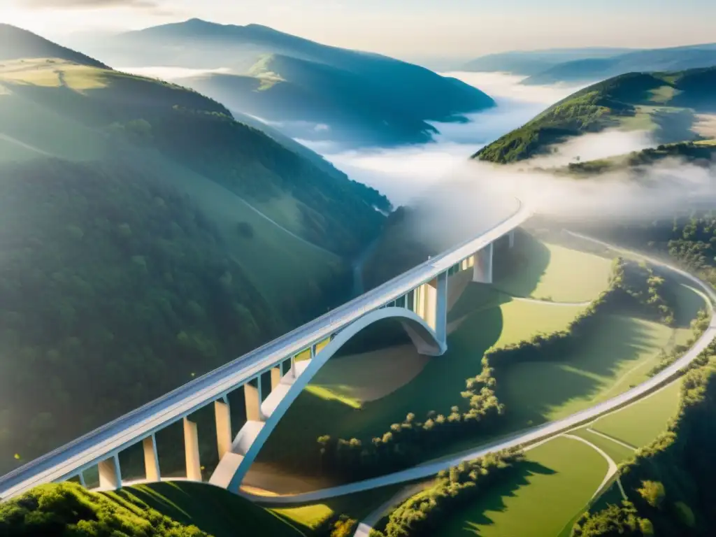 Un puente moderno y resistente se extiende sobre un valle neblinoso y soleado, mostrando su diseño innovador y su integración con el paisaje natural