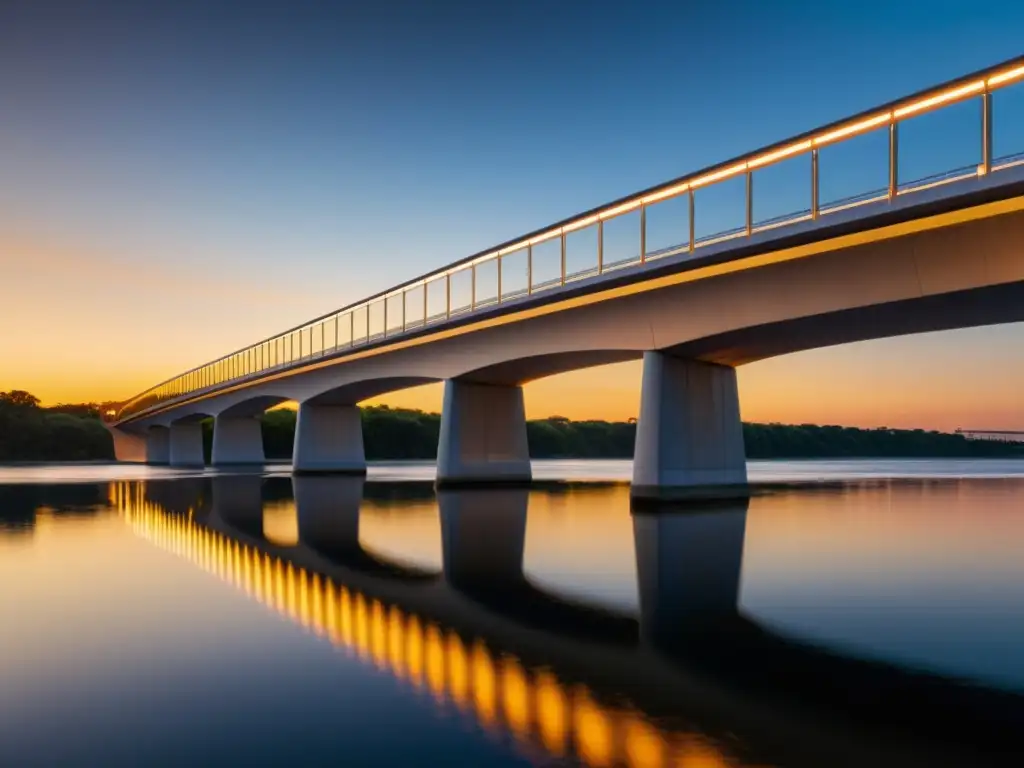 Un puente moderno se alza sobre el río al atardecer, mostrando la interacción de la luz natural y artificial