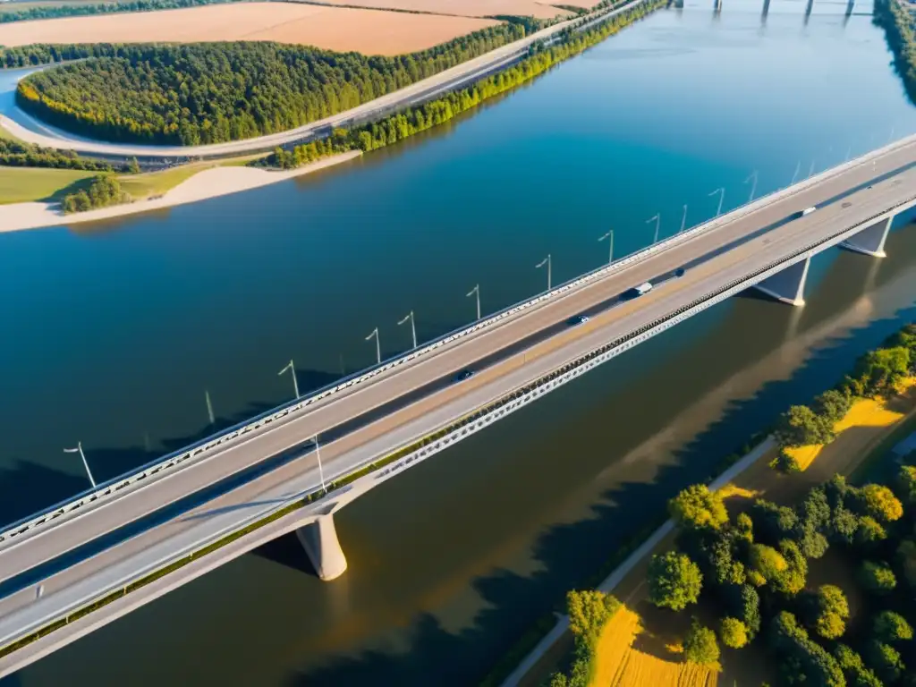 Innovación y belleza: un puente moderno se alza sobre el río, capturado desde un drone