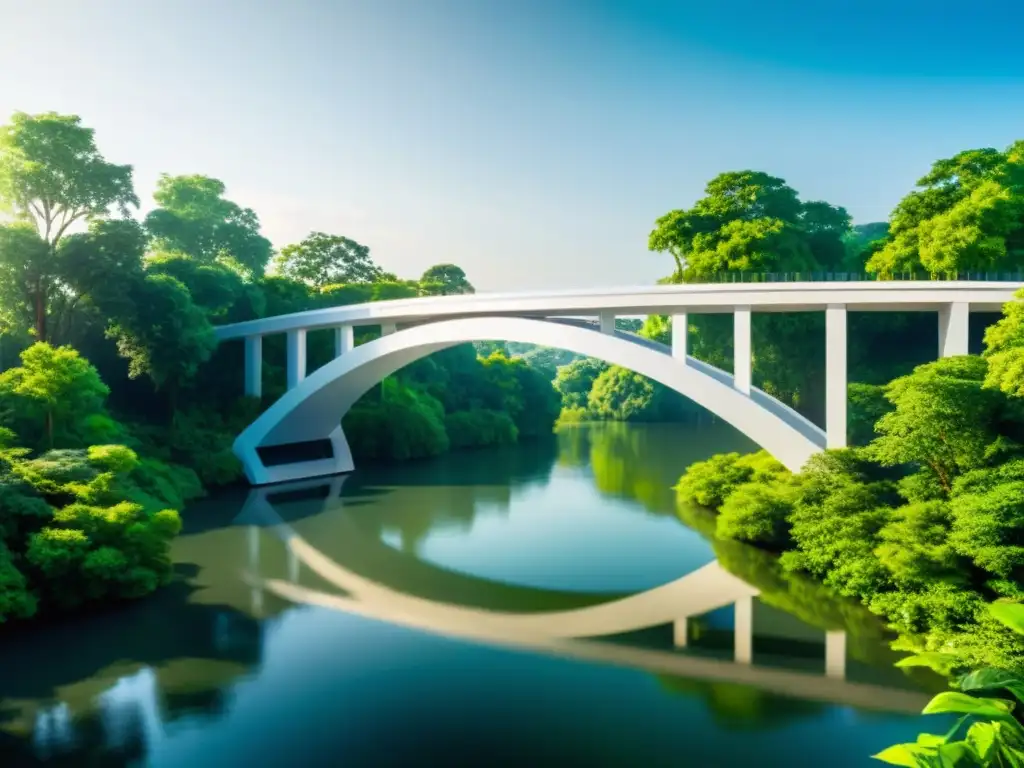 Un puente moderno se eleva sobre un río sereno, fusionando diseño vanguardista con la influencia de la naturaleza en su entorno