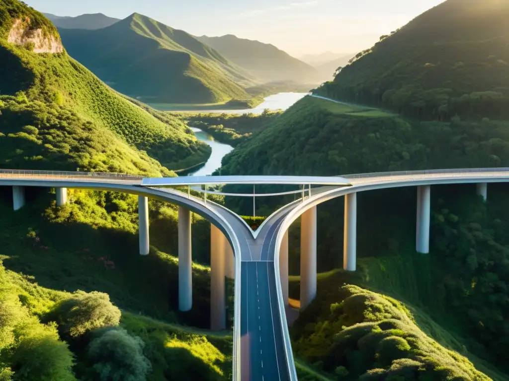 Puente moderno con vegetación sostenible, reflejado en aguas cristalinas, fusionando innovación y naturaleza