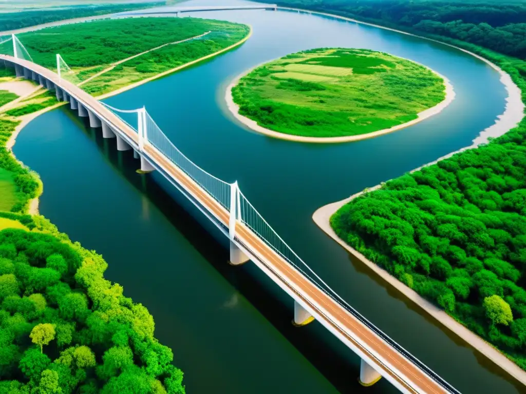 Un puente moderno y sostenible sobre un río, con naturaleza exuberante y vida silvestre