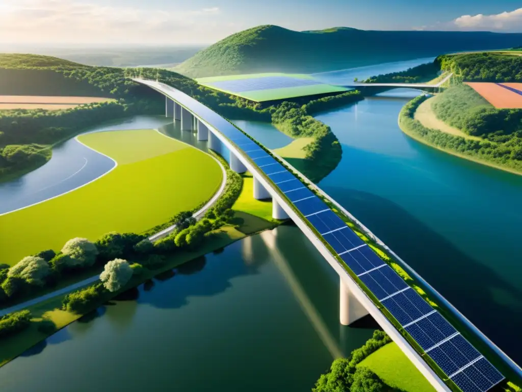 Un puente moderno y sostenible integra tecnología inteligente y paneles solares, destacando la armonía entre infraestructura y naturaleza