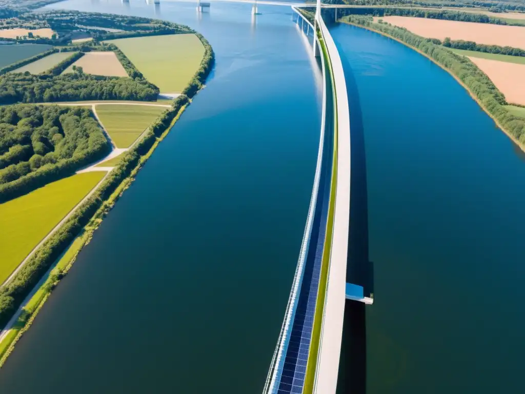 Un puente moderno con tecnología de generación de energía sostenible integrada, sobre un río ancho con reflejos de luz solar