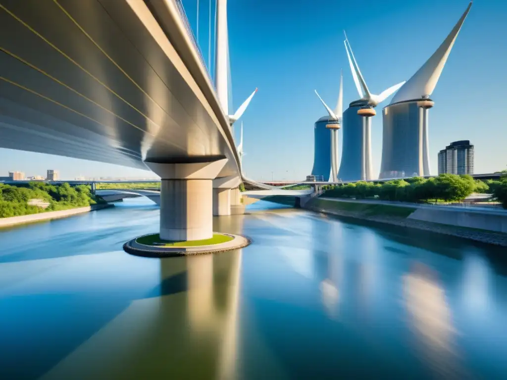 Un puente moderno con turbinas, capturando energía sostenible del río