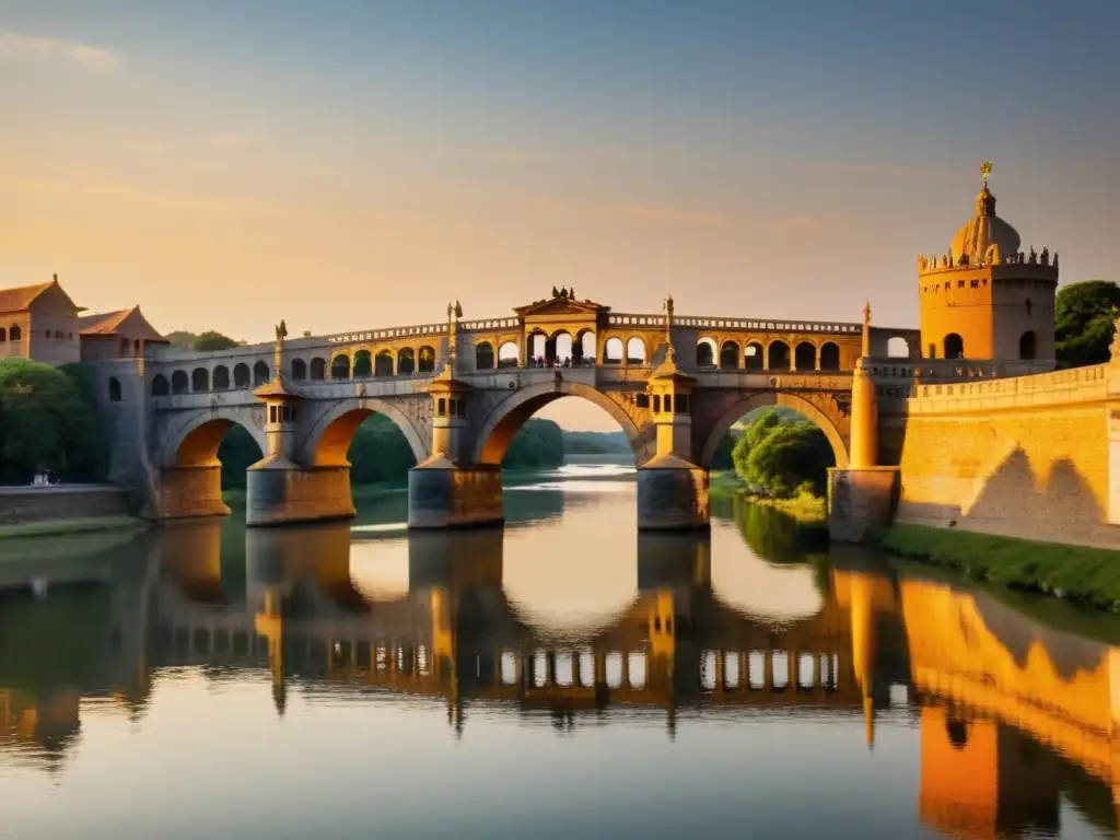 Un puente monumental antiguo sobre un río sereno al atardecer, con turistas escuchando audio guías, rodeado de belleza natural