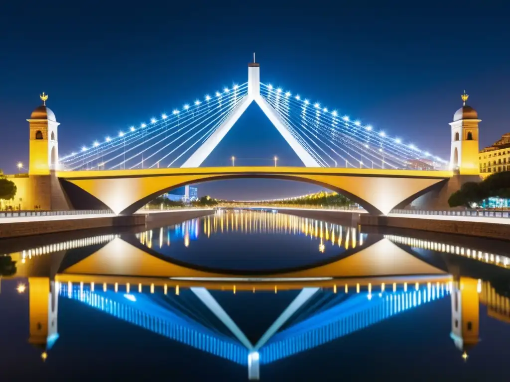 Explorando el Puente de la Mujer, arquitectura moderna y simetría capturadas en reflejo acuático, iluminación cálida