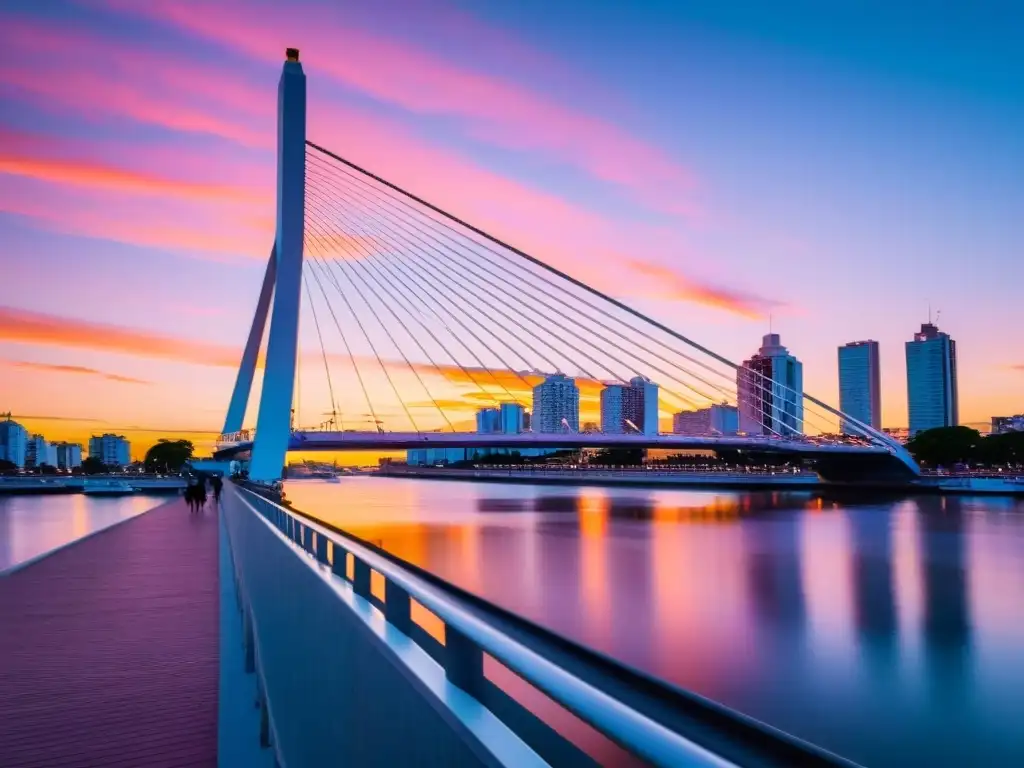 El Puente de la Mujer en Buenos Aires destaca en el atardecer, reflejándose en el agua tranquila del puerto, con la ciudad de fondo