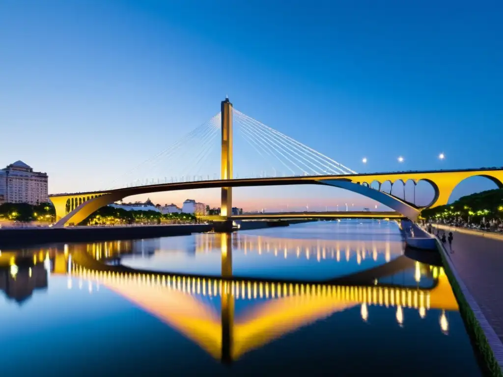 Explorando el Puente de la Mujer al atardecer en Buenos Aires, Argentina, con su reflejo en el agua del puerto