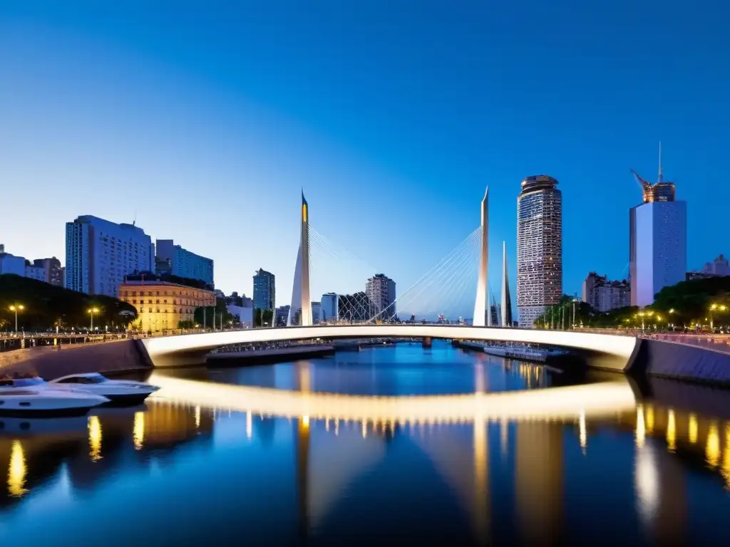 El Puente de la Mujer destaca en el atardecer de Buenos Aires, reflejando su elegante arquitectura en el puerto