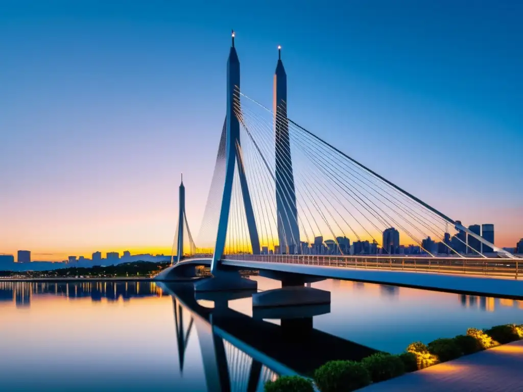 Explorando el Puente de la Mujer al atardecer, su moderno diseño contrasta con el horizonte de la ciudad, reflejándose en las tranquilas aguas