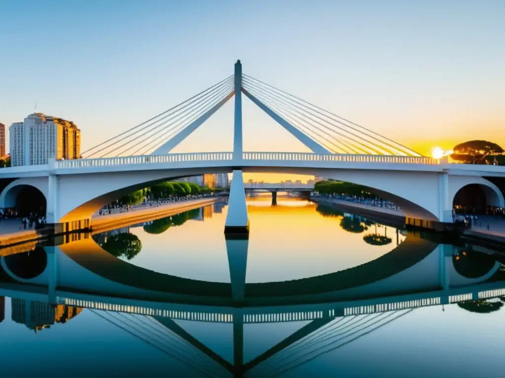 Explorando el Puente de la Mujer en Buenos Aires, con su elegante simetría y reflejos dorados en el agua, capturando su belleza urbana