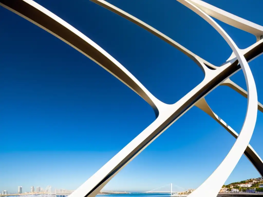 Puente de la Mujer en Buenos Aires: Detalle de la estructura de acero con luz solar reflejada en el agua del puerto