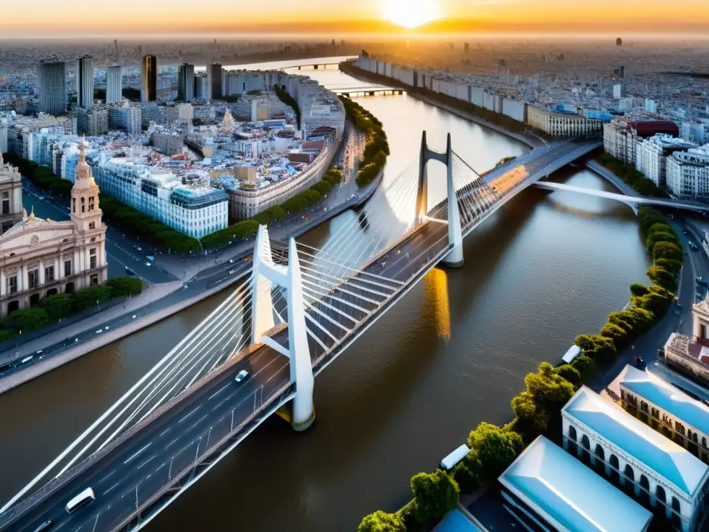 Puente de la Mujer en Buenos Aires, Argentina: diseño icónico y impacto cultural en el horizonte urbano al atardecer