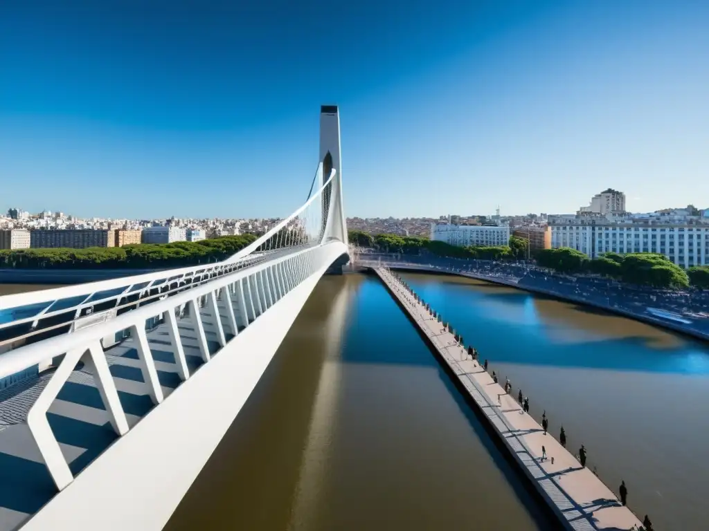 Puente de la Mujer en Buenos Aires, diseño innovador y moderno contrastando con el paisaje urbano, reflejando luz y sombras dinámicas