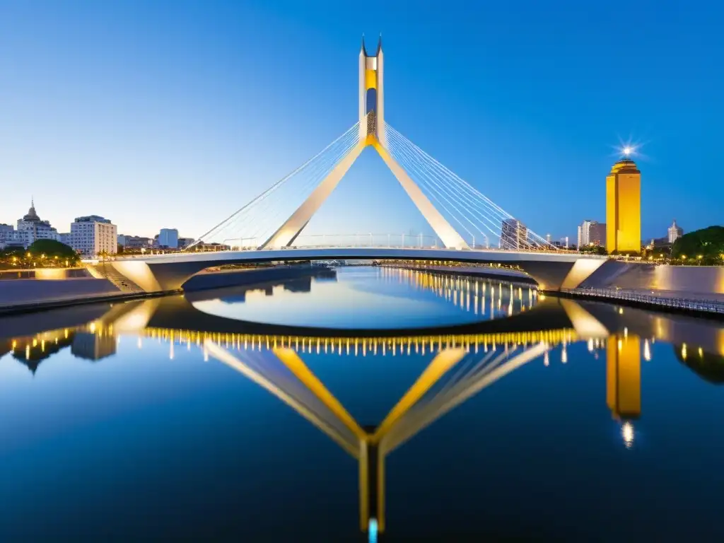 El Puente de la Mujer en Buenos Aires brilla bajo el sol poniente, reflejando su elegante diseño en el Río de la Plata