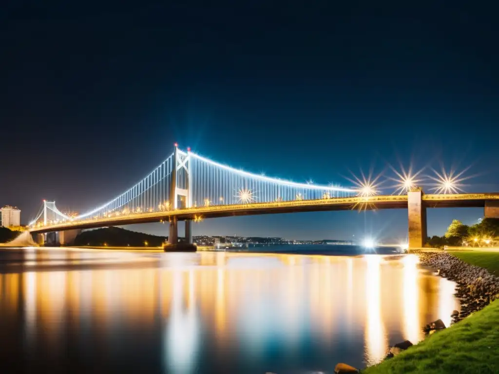 Una fotografía de larga exposición de un puente de noche sobre agua en movimiento, con luces de la ciudad reflejadas