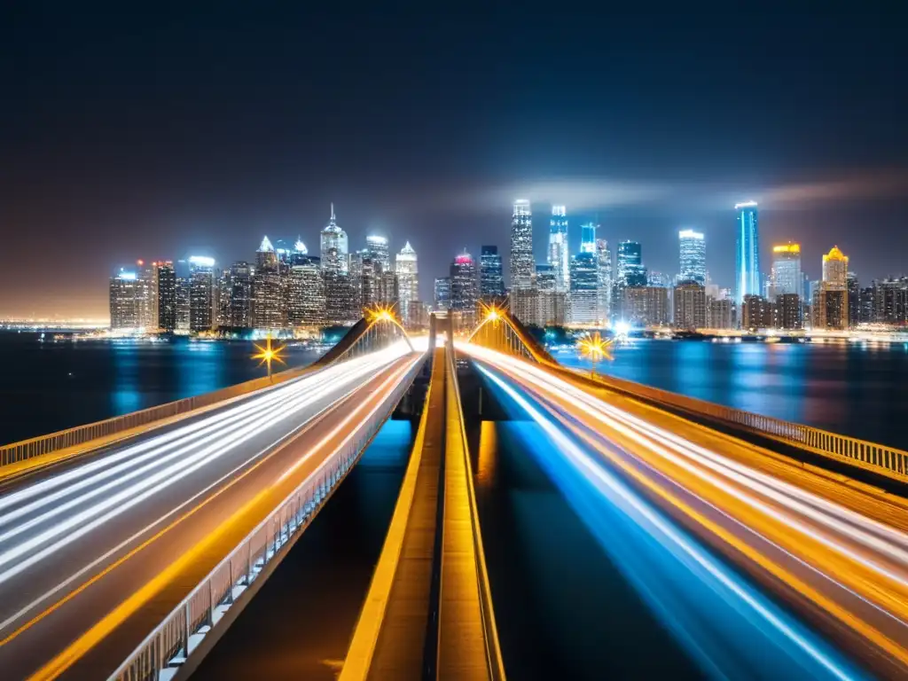 Fotografía de larga exposición de un puente por la noche con luces doradas, reflejos en el agua y movimiento de coches en la carretera