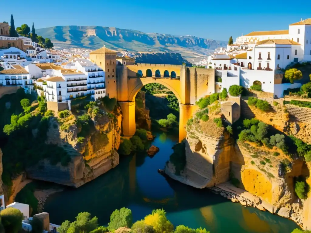 El Puente Nuevo de Ronda en Andalucía, bañado por la cálida luz del atardecer, destaca entre el impresionante paisaje de la garganta del Tajo