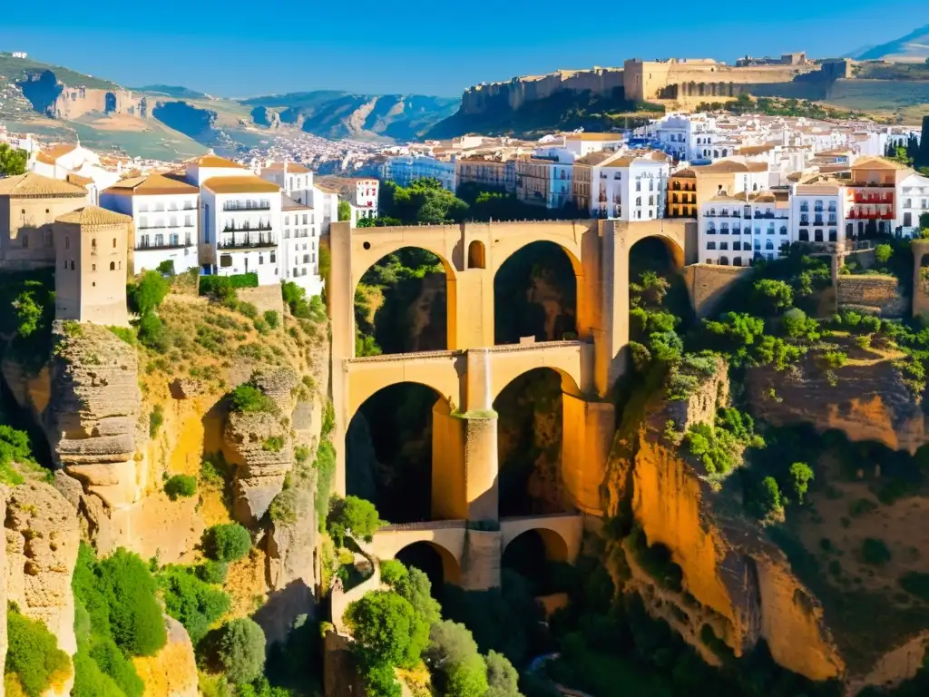 El Puente Nuevo de Ronda se alza majestuoso sobre el impresionante desfiladero El Tajo, bañado por la cálida luz dorada