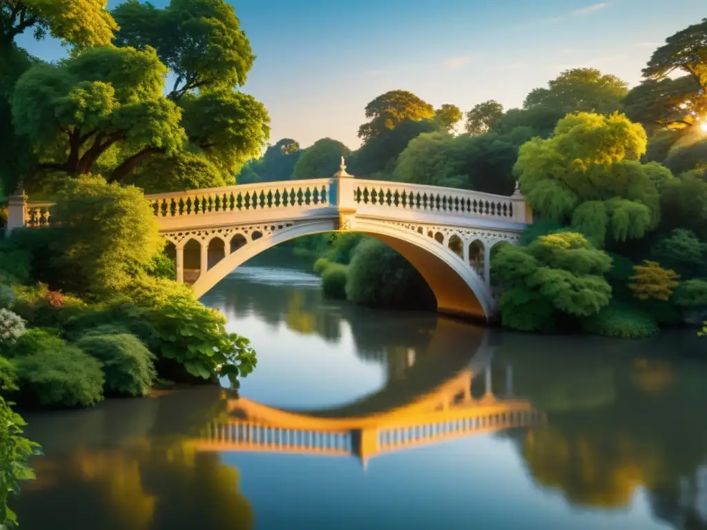 Un puente ornamental bañado por la cálida luz del atardecer sobre un río sereno, resaltando la historia y arquitectura de puentes ornamentales