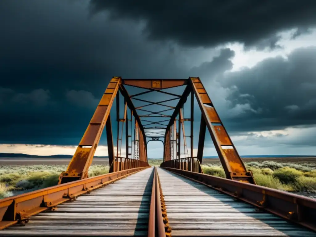 Puente abandonado: belleza desoladora en paisaje desértico Un puente oxidado se extiende sobre un paisaje desolado, bajo un cielo dramático