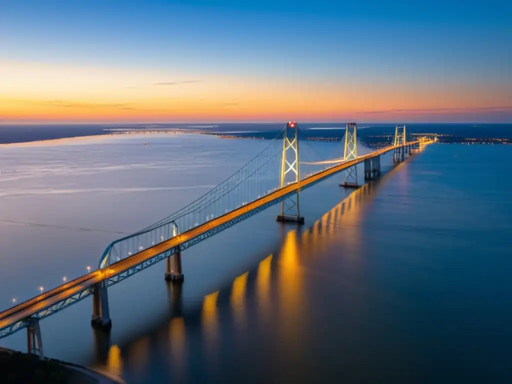 Un puente panorámico impresionante sobre la Bahía Chesapeake al atardecer, con tonos dorados reflejándose en el agua tranquila