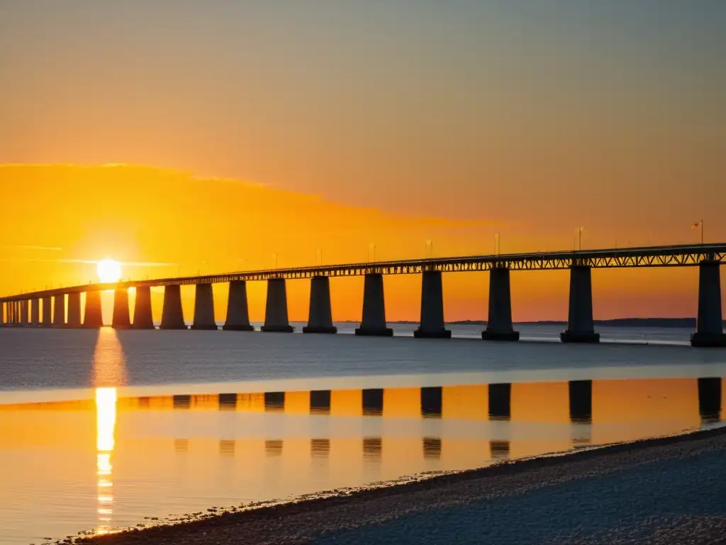 Un puente Bahía Chesapeake panorámico impresionante bañado por la cálida luz del atardecer, reflejándose en las tranquilas aguas