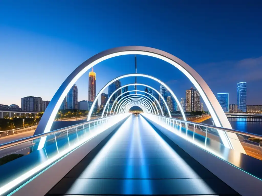 Un puente peatonal de diseño creativo en acero y vidrio, con curvas orgánicas y toques futuristas, sobre una bulliciosa calle urbana