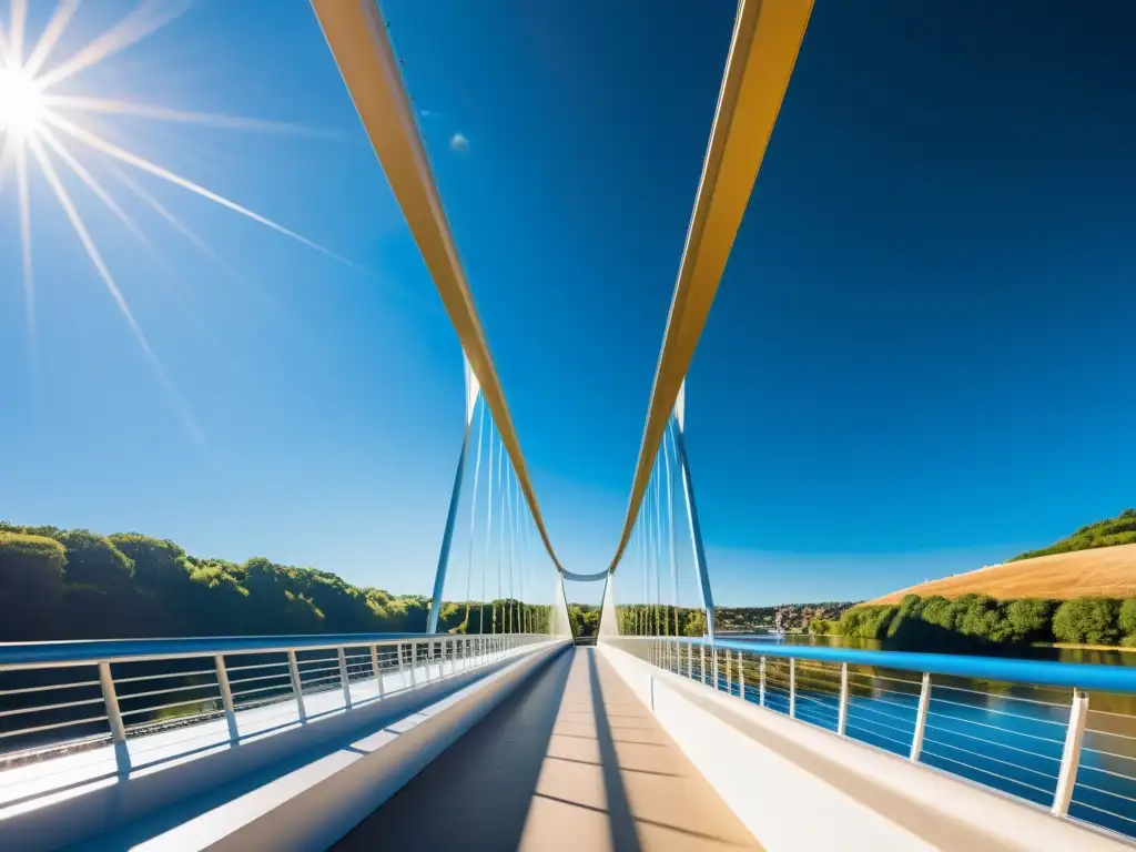 Un puente peatonal futurista con membranas tensadas, bañado por cálida luz dorada sobre aguas azules