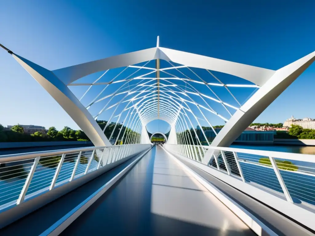 Un puente peatonal con una impresionante estructura de membrana tensada con patrones geométricos intrincados y diseño futurista