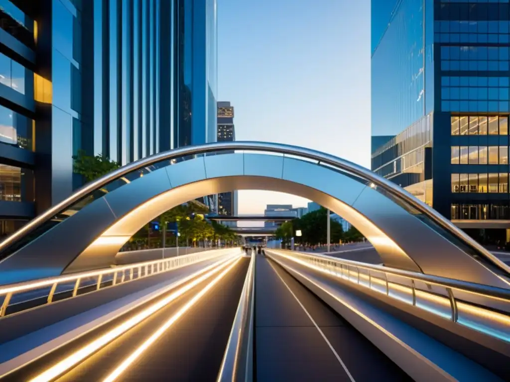 Un puente peatonal inteligente y sostenible atraviesa una bulliciosa calle urbana, fusionando tecnología y movilidad sostenible