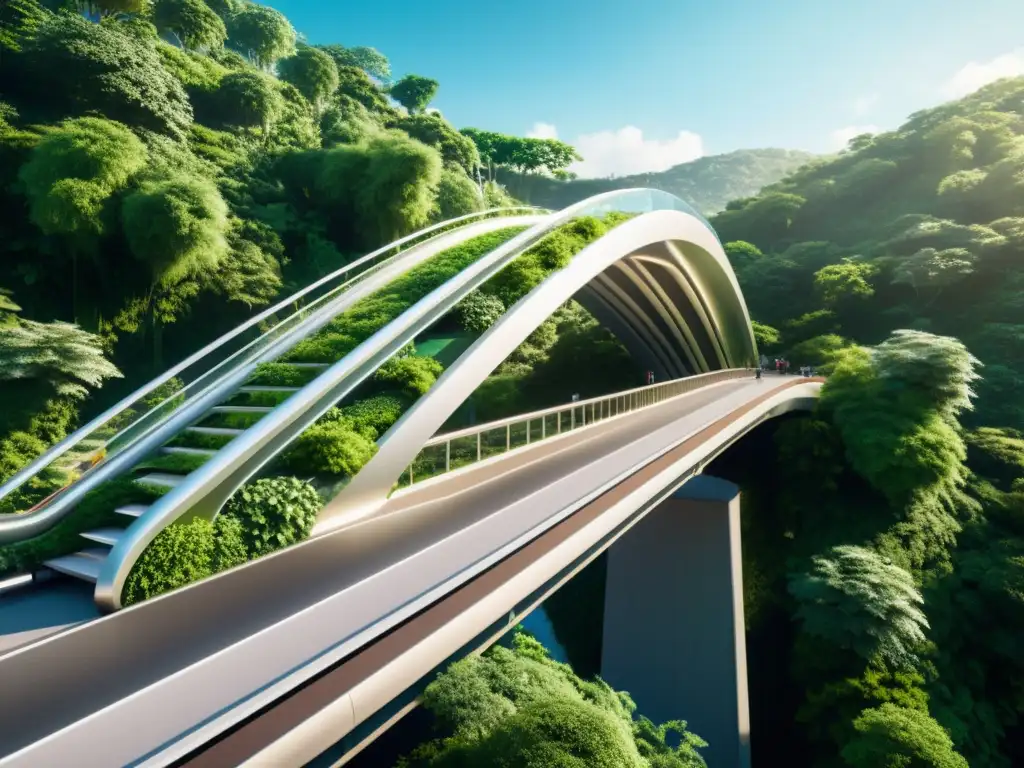 Un puente peatonal inteligente y sostenible se integra perfectamente en su entorno urbano, rodeado de exuberante vegetación