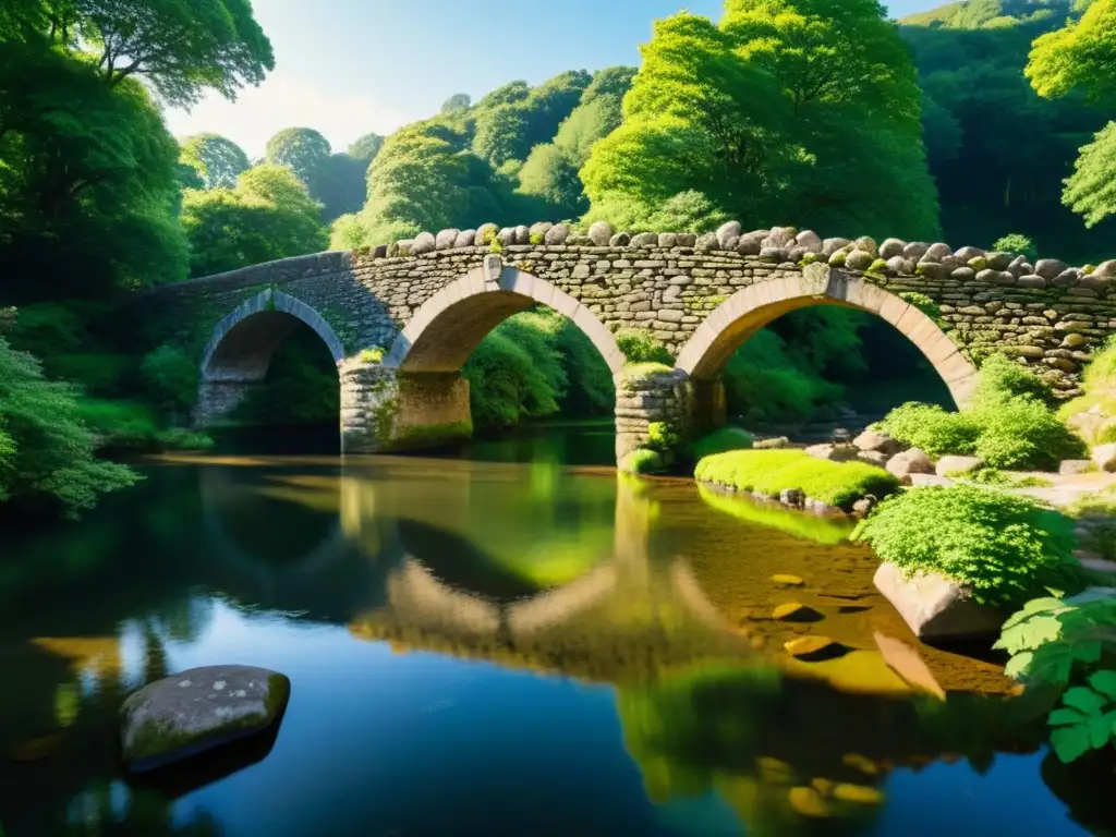 Un puente de piedra antiguo cubierto de musgo, atravesando un río tranquilo con la luz del sol filtrándose a través de la frondosa vegetación