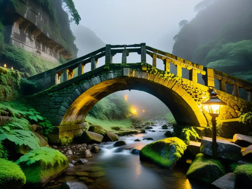 Un puente de piedra antiguo envuelto en niebla, con grabados de criaturas míticas y símbolos de vida y muerte