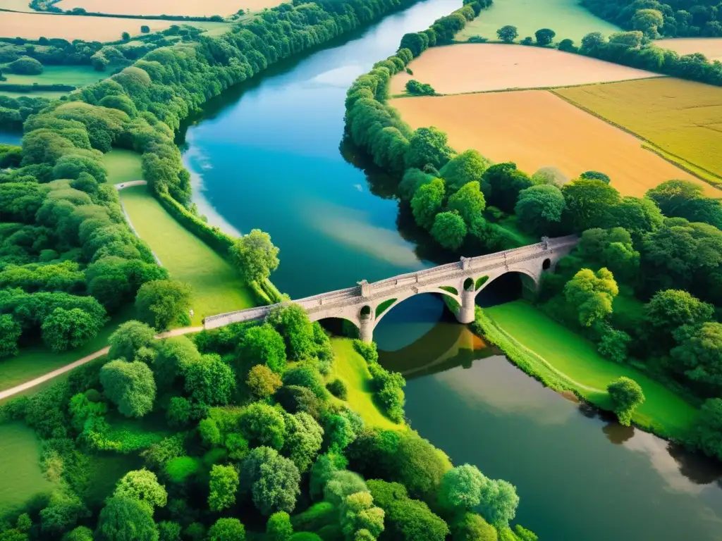 Un puente de piedra antiguo y majestuoso sobre un río, rodeado de exuberante vegetación y colinas