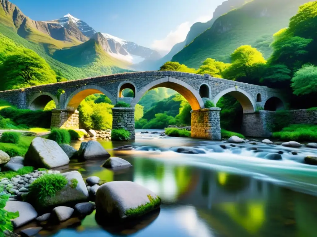 Puente de piedra antiguo sobre río tranquilo, rodeado de exuberante vegetación y montañas nevadas