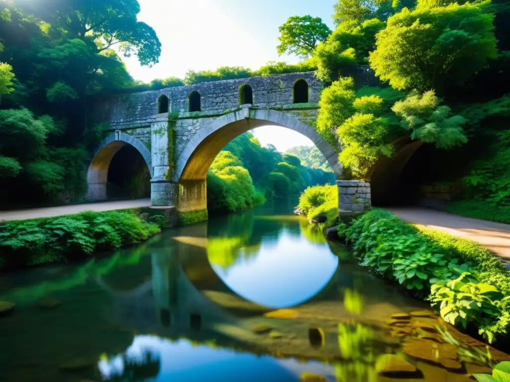 Puente de piedra arqueado, testigo de la historia y punto de encuentro espiritual, sobre un río tranquilo entre exuberante vegetación