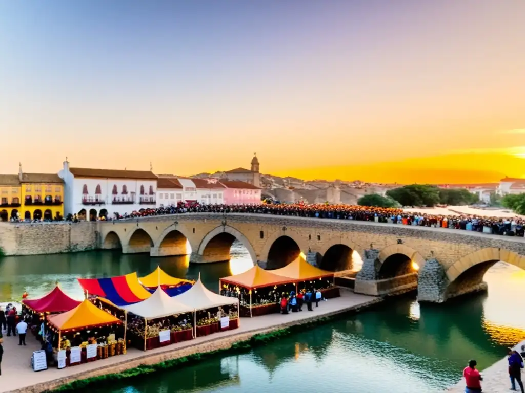 El Puente de Piedra durante el Festival de la Vendimia, con una cálida luz dorada y un ambiente festivo