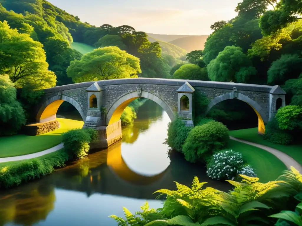 Un puente de piedra histórico se eleva sobre un río tranquilo, bañado por la cálida luz del atardecer, rodeado de exuberante vegetación