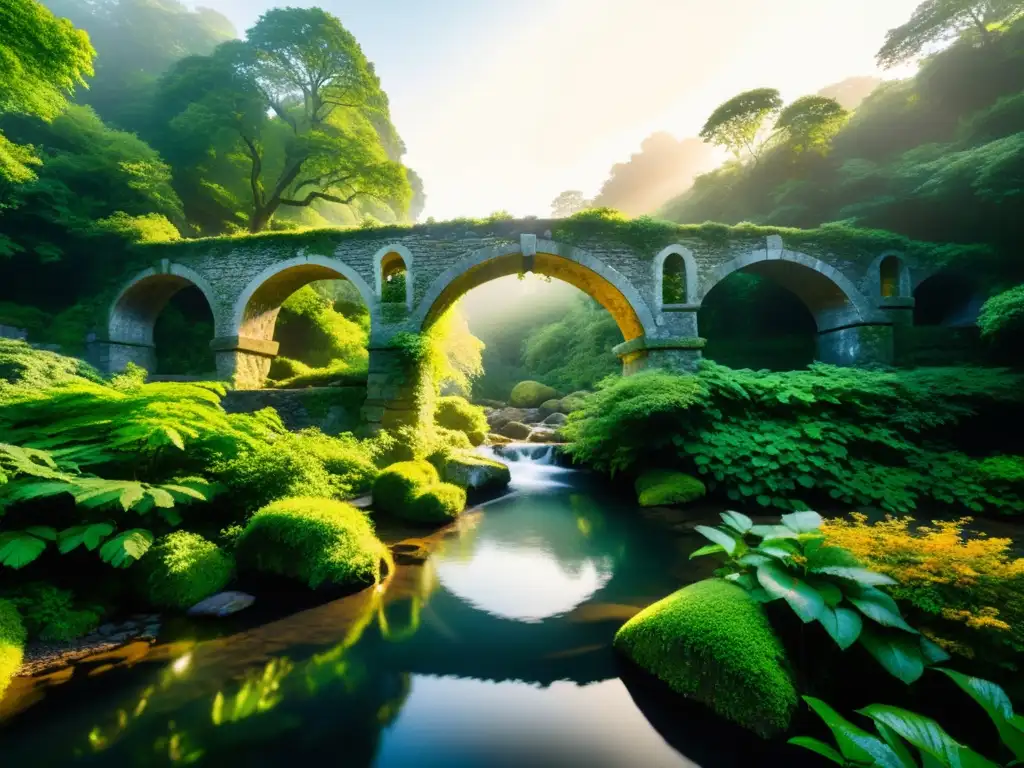 Un puente de piedra mágico en un bosque encantado con cascada y luz dorada