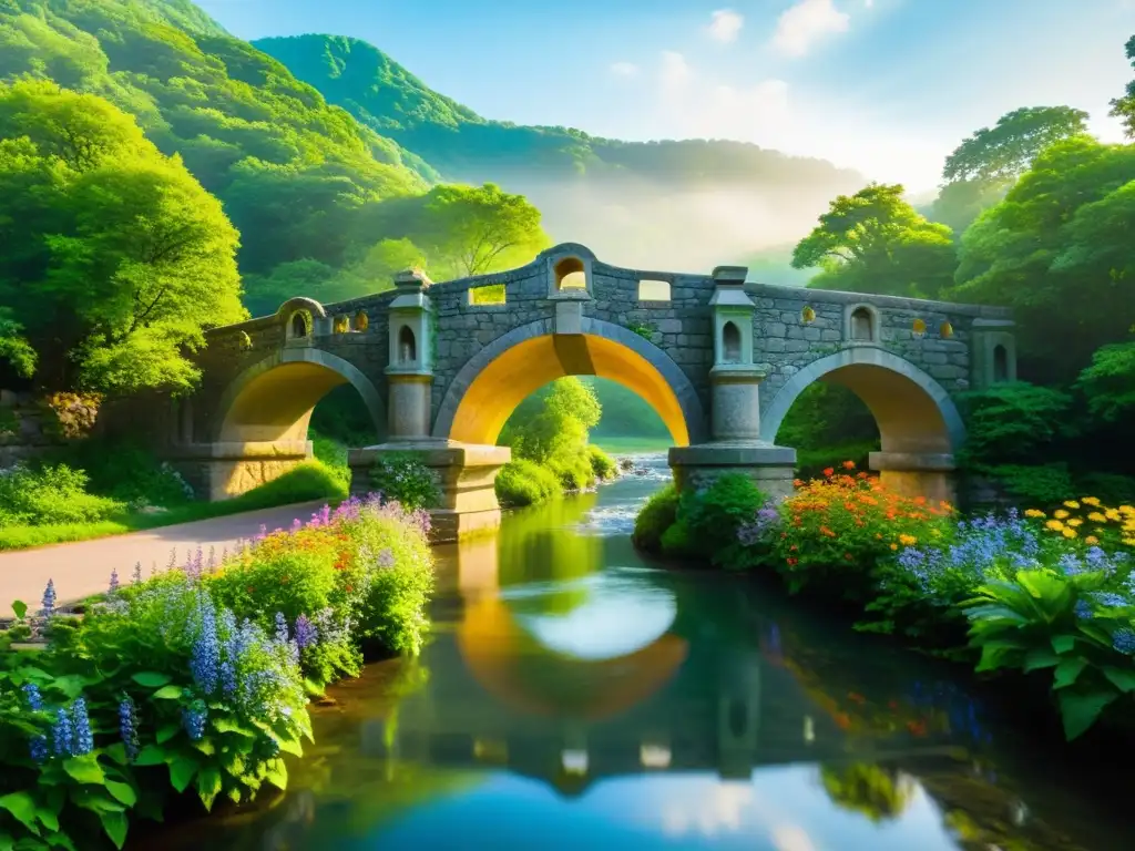 Un puente de piedra majestuoso sobre un tranquilo río, rodeado de exuberante vegetación y flores silvestres