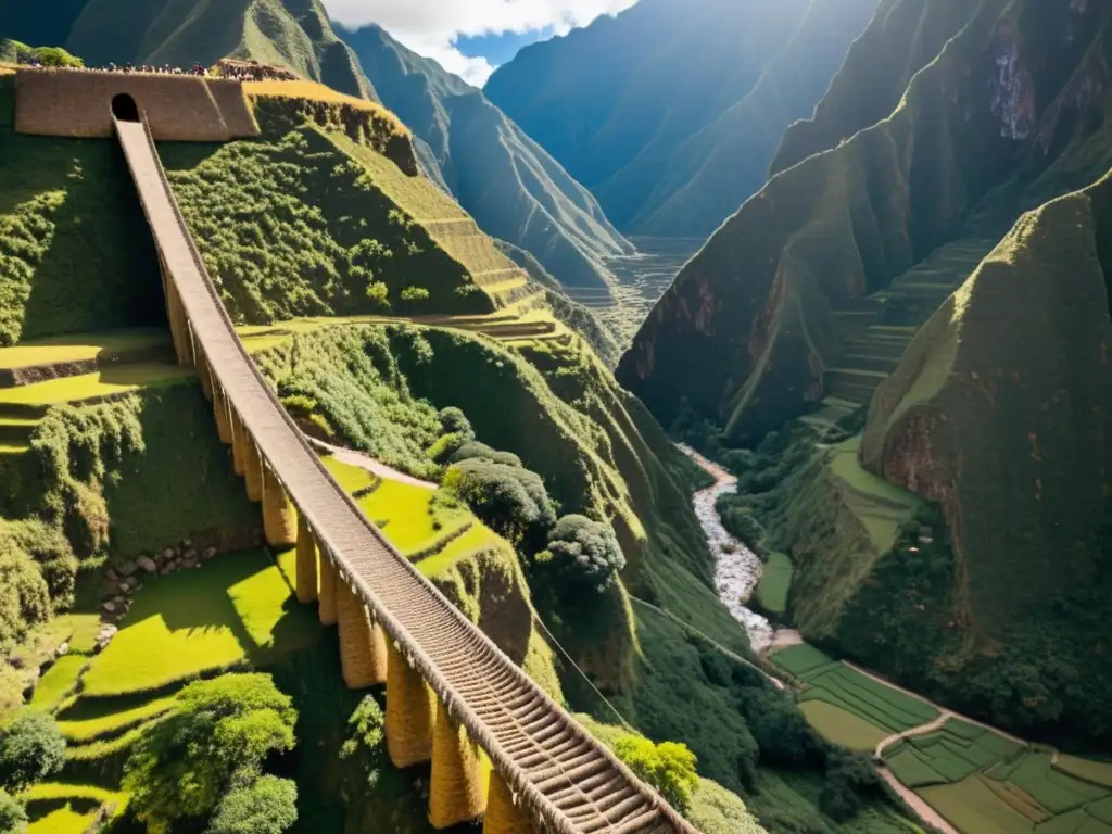 Un puente precolombino impresionante en los Andes, tejido con hierba ichu, abarcando un profundo desfiladero