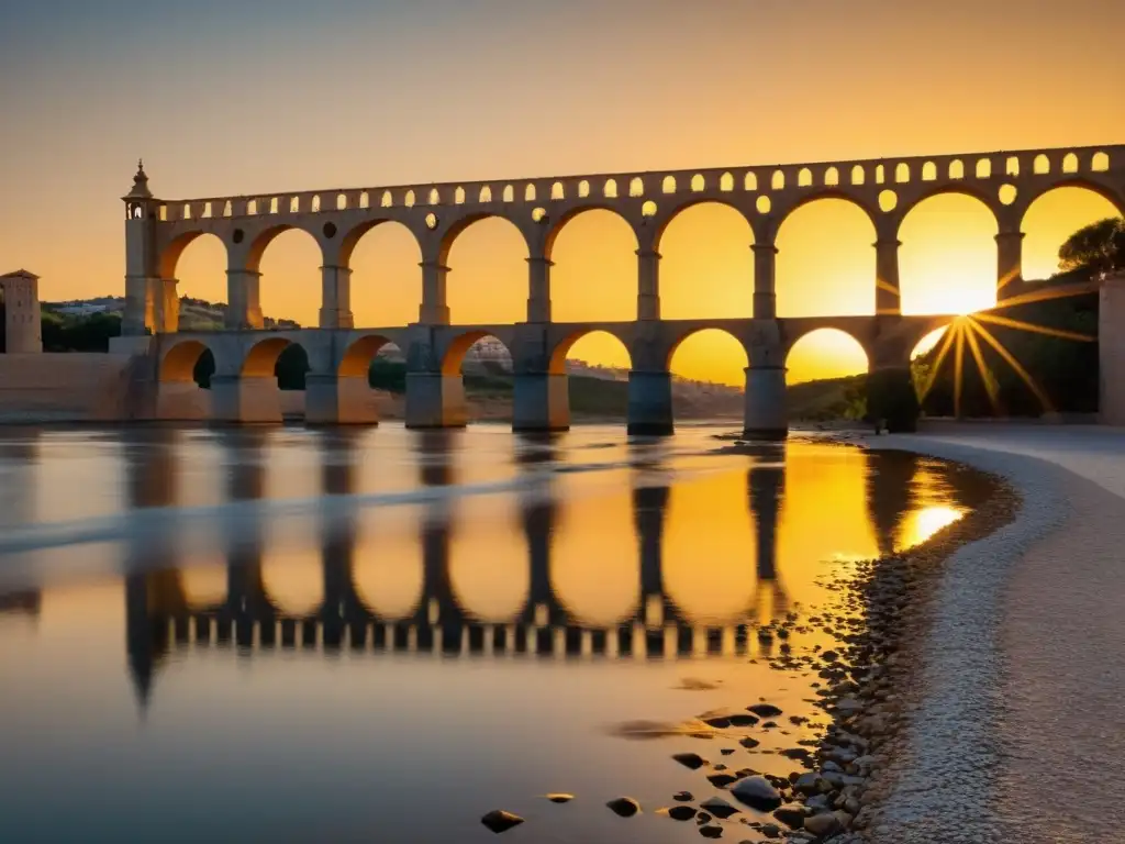 El Puente de Alcántara presencia cine en una majestuosa puesta de sol con el río Tajo y un castillo medieval al fondo