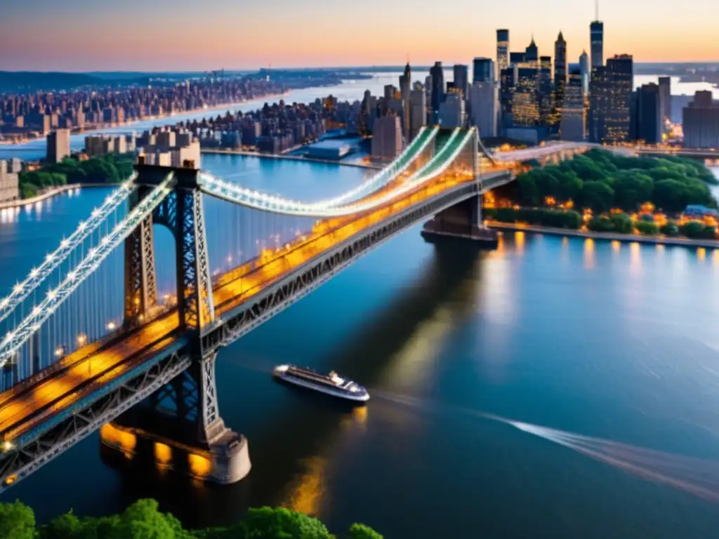 El Puente de Queensboro, historia y arquitectura, bañado por la cálida luz dorada del atardecer, contrasta con el horizonte urbano de Nueva York