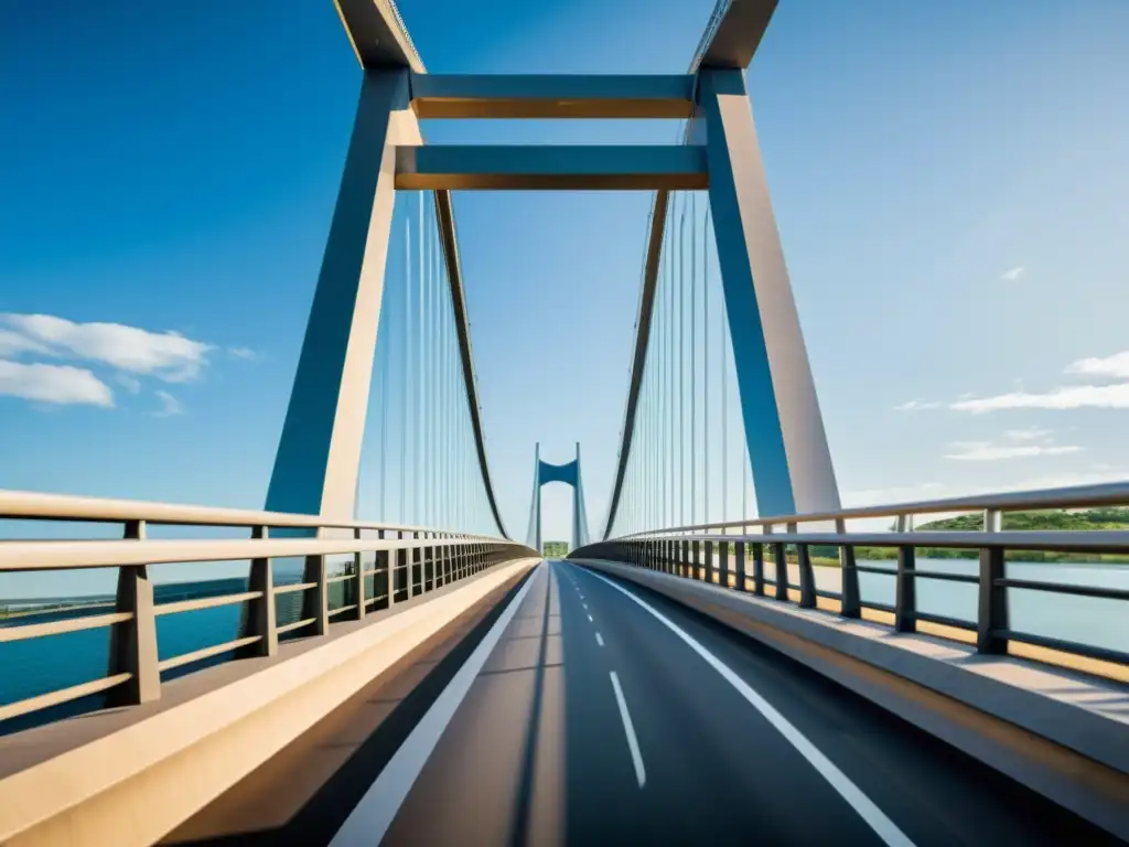 Puente resistente a desastres naturales con diseño innovador y materiales avanzados, mostrando su fortaleza y detalles estructurales