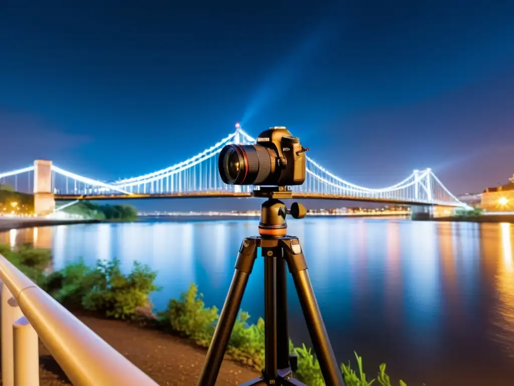 Una fotografía de larga exposición capturando un puente sobre el río, con luces de la ciudad y el agua en movimiento