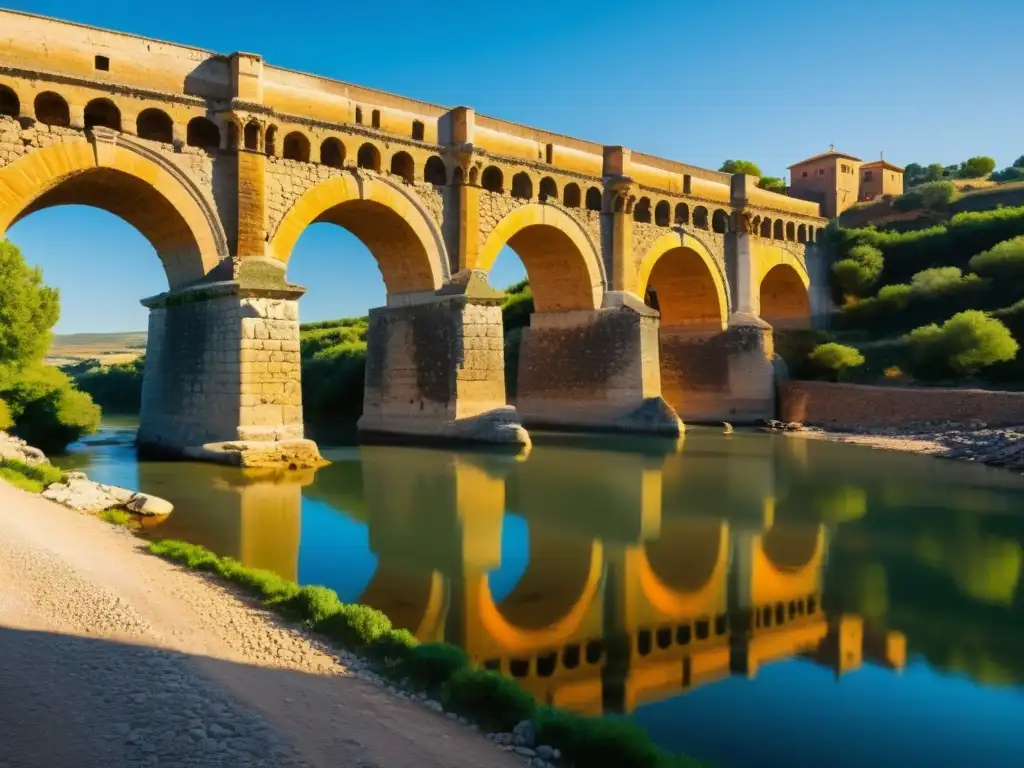 El Puente de Alcántara sobre el río Tajo en España, bañado por cálida luz, resaltando su impacto cultural y sus detalles arquitectónicos icónicos